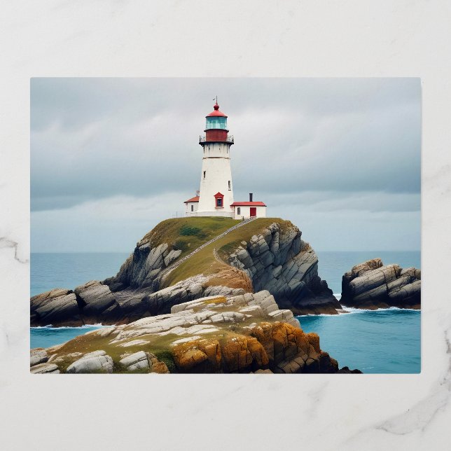 Lighthouse Landscape Coastal Ocean Calm Scenery Foil Holiday Postcard (Front)