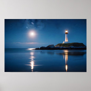 Lighthouse Landscape Coastal Ocean Calm Sea Night Poster