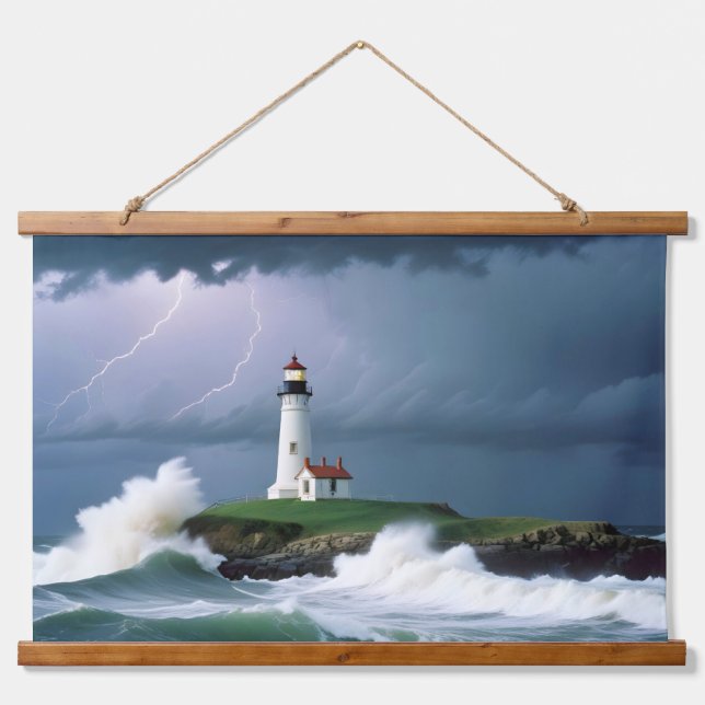 Lighthouse Landscape Coastal Ocean Waves Night Sea Hanging Tapestry (Front)