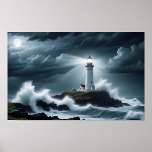 Lighthouse Landscape Coastal Ocean Waves Night Sea Poster