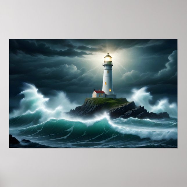 Lighthouse Landscape Coastal Ocean Waves Night Sea Poster (Front)