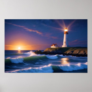 Lighthouse Landscape Coastal Ocean Waves Sunset Poster