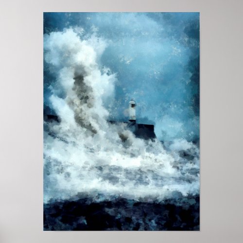 Lighthouse lost in a raging sea Abstract Landscape Poster
