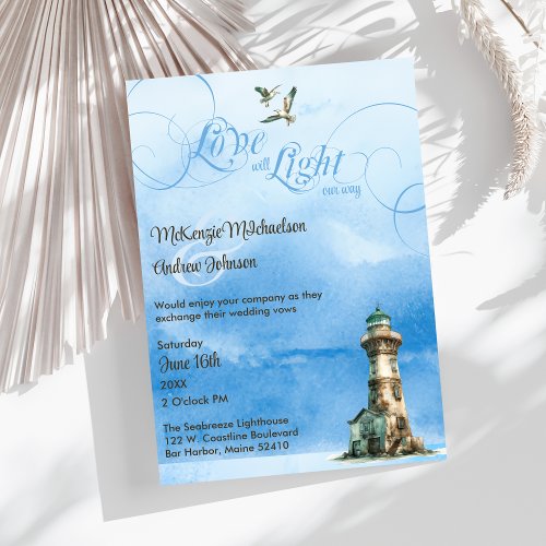 Lighthouse Love will Light Our Way Coastal Wedding Invitation