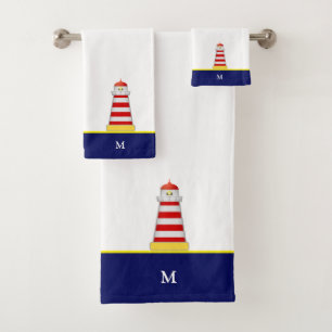 Lighthouse & Monogram on Blue and White Bath Towel Set