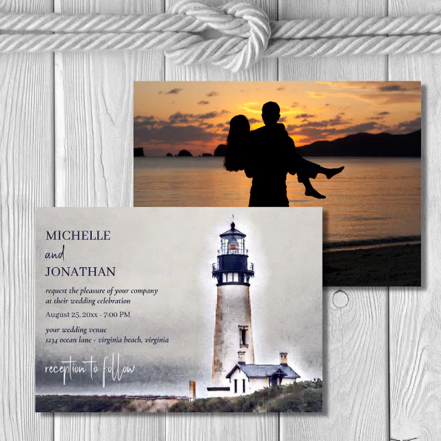 Lighthouse Nautical Beach Wedding Photo Invitation | Zazzle