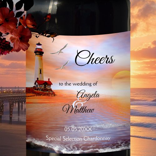 Lighthouse Nautical Beach Wedding Wine Label