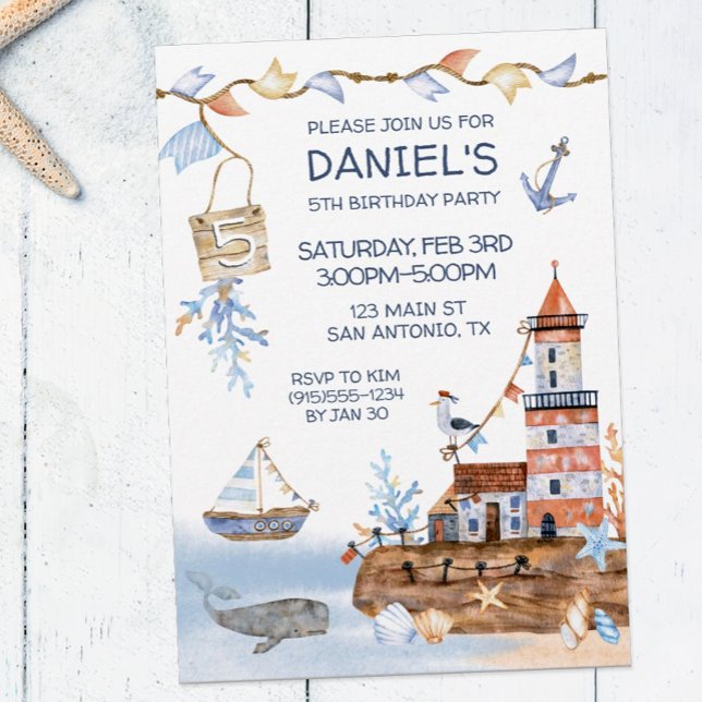 Lighthouse Nautical Birthday Invitation (Nautical birthday party invitation)