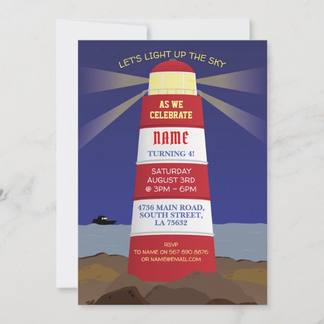 Lighthouse Nautical Birthday Party Ship Navy Invitation (Front)