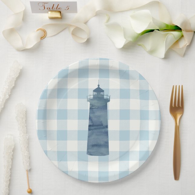 Lighthouse Nautical Blue Gingham Check Pattern Paper Plates (Wedding)