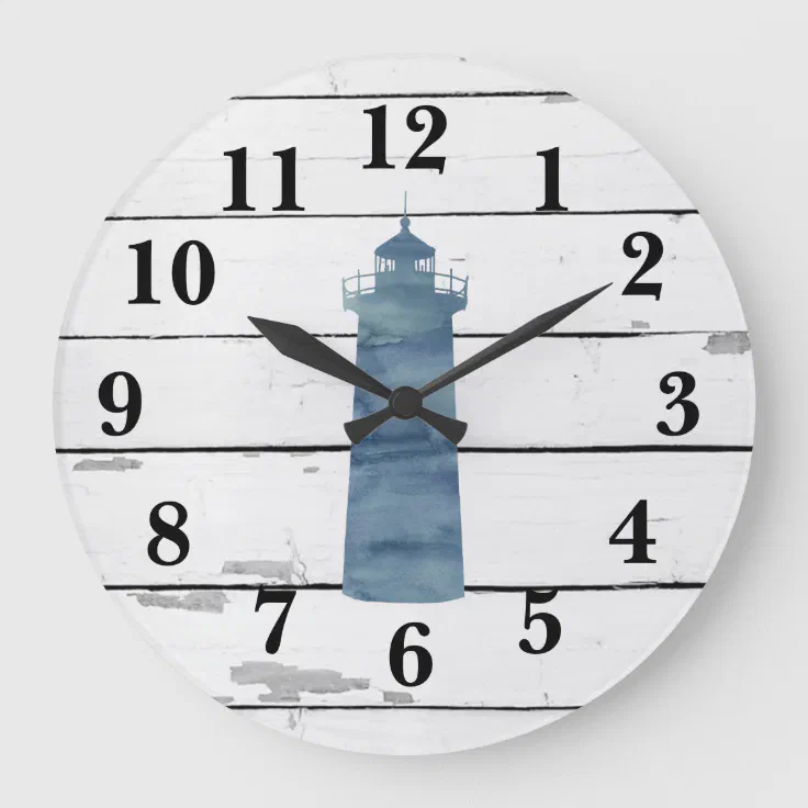 Lighthouse Nautical Blue Shiplap Rustic Decor Large Clock | Zazzle