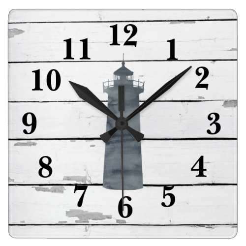 Lighthouse Nautical Blue Shiplap Rustic Decor Square Wall Clock
