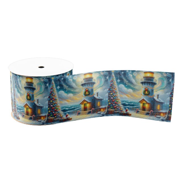 Lighthouse Nautical Coastalcore Christmas Seaside Grosgrain Ribbon (Spool)