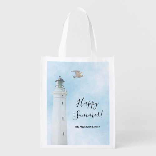 Lighthouse nautical ocean sea happy summer name grocery bag