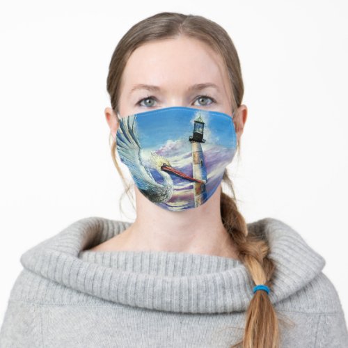 Lighthouse Nautical Oil Painting Bird Beach Blue Adult Cloth Face Mask