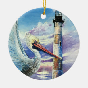 Lighthouse Nautical Oil Painting Bird Beach Blue Ceramic Ornament