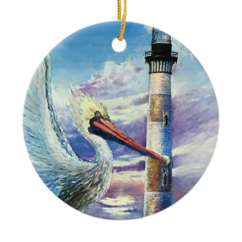 Lighthouse Nautical Oil Painting Bird Beach Blue Ceramic Ornament