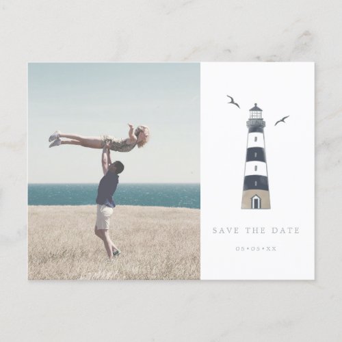 Lighthouse nautical photo save the date postcard
