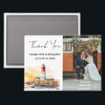 Lighthouse Nautical Theme Wedding Thank You Magnet<br><div class="desc">Introducing the Lighthouse Nautical Theme Wedding Thank You Magnet, a charming and personalized keepsake that captures the essence of your coastal, seaside, or nautical-inspired wedding. This beautiful magnet features a wedding photo template framed by a watercolor lighthouse artwork and elegant Thank You typography, making it a perfect way to express...</div>