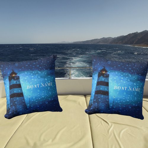 Lighthouse navy blue stormy night boat name throw pillow