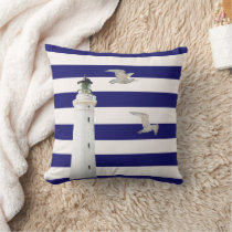 Lighthouse navy blue white nautical stripes gulls throw pillow