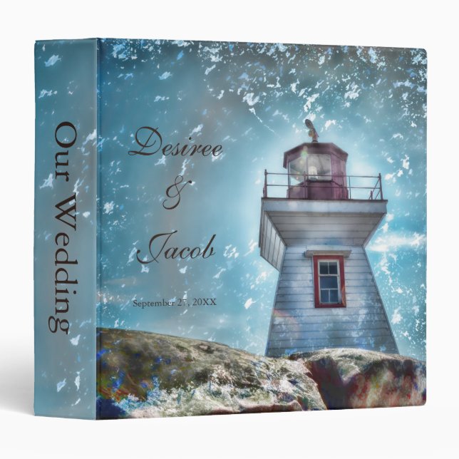 Lighthouse Ocean Blue Nautical Rustic Coastal 3 Ring Binder (Front/Spine)