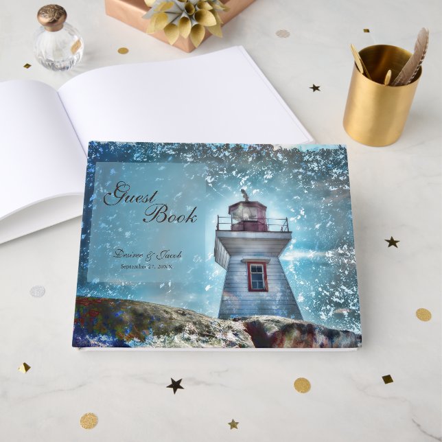 Lighthouse Ocean Blue Nautical Rustic Coastal Guest Book (Front Open)
