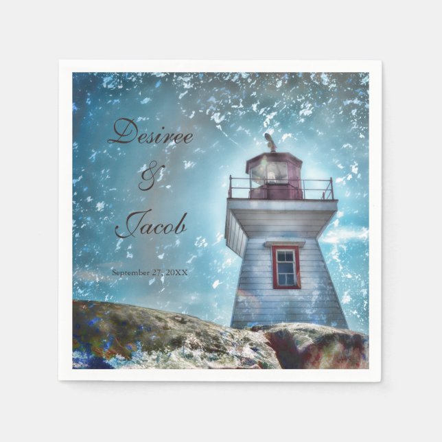 Lighthouse Ocean Blue Nautical Rustic Coastal Napkins (Front)