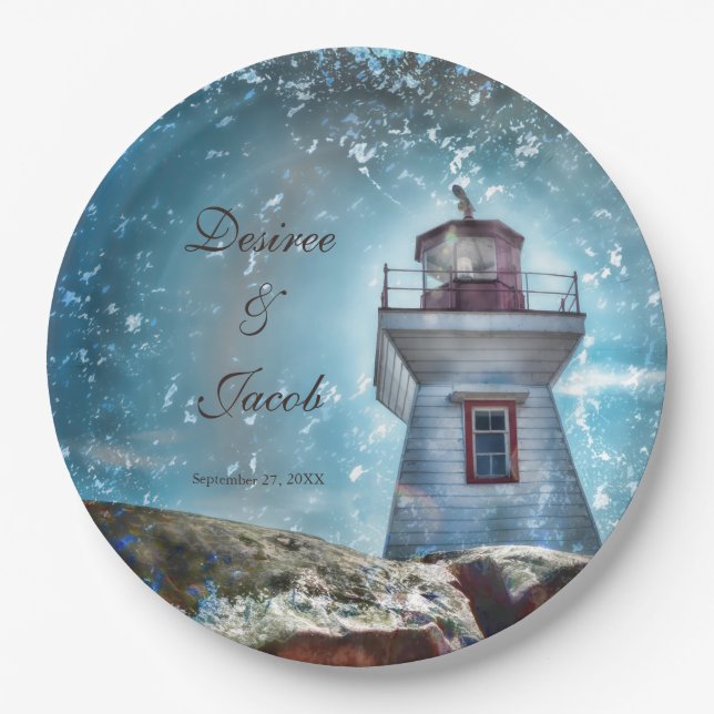 Lighthouse Ocean Blue Nautical Rustic Coastal Paper Plates (Front)