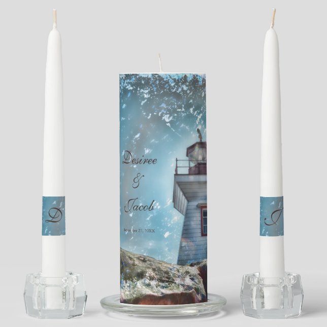 Lighthouse Ocean Blue Nautical Rustic Coastal Unity Candle Set (Front)