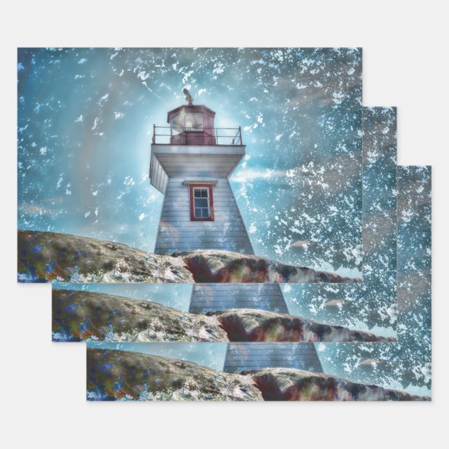 Lighthouse Ocean Blue Nautical Rustic Coastal Wrapping Paper Sheets (Set)