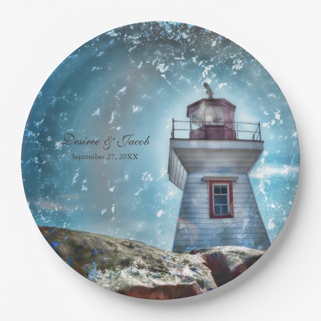 Lighthouse Ocean Blue Nautical Rustic Wedding Paper Plates (Front)