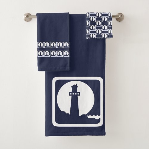 Lighthouse Ocean Blue  white coastal deco Bath Towel Set