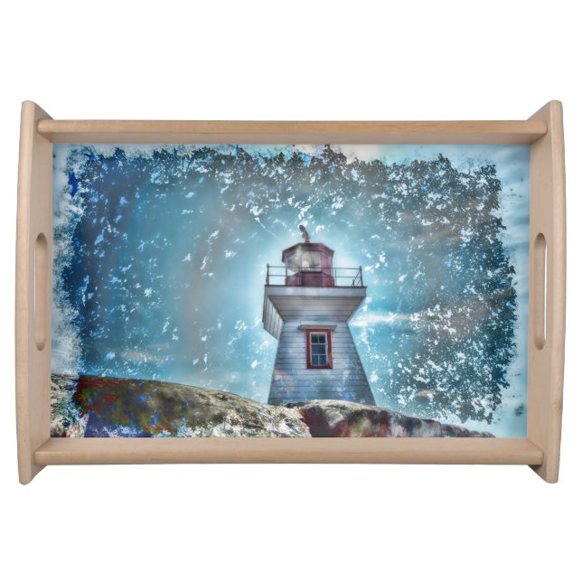 Lighthouse Ocean  Coastal Blue Rustic Nautical Serving Tray (Front)
