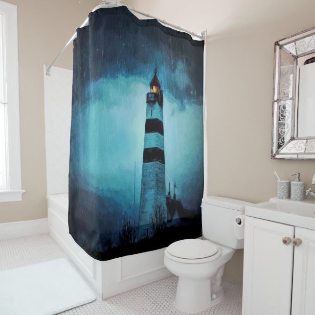 Lighthouse ocean dark blue rainy night shower curtain (In Situ)