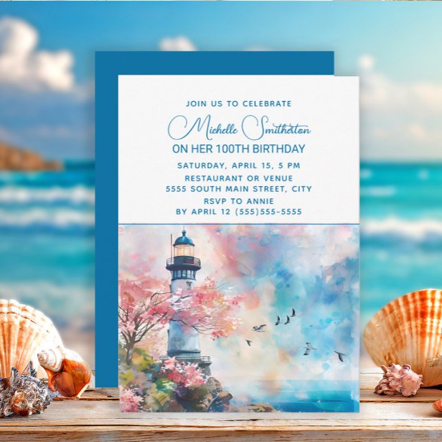 Lighthouse Ocean Nautical 100th Birthday Invitation (Lighthouse/beach birthday party invitation)