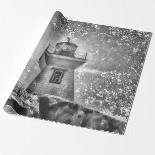 Lighthouse Ocean Nautical Black And White Coastal Wrapping Paper