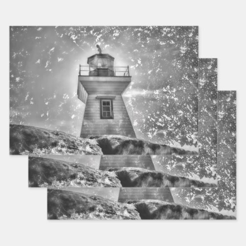 Lighthouse Ocean Nautical Black And White Coastal Wrapping Paper Sheets