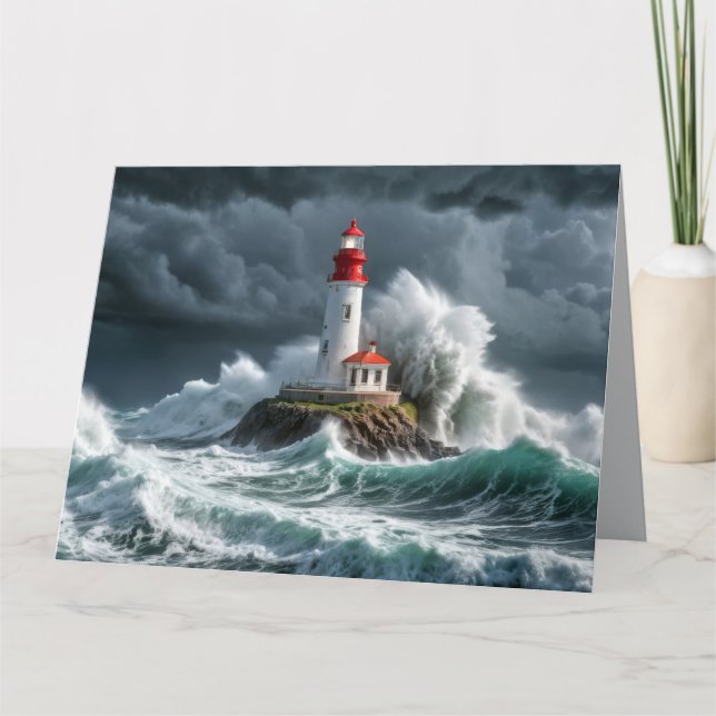Lighthouse Ocean Storm Majestic Powerful Wave Card (Front)