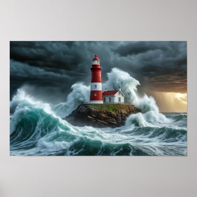 Lighthouse Ocean Storm Majestic Powerful Wave Poster (Front)