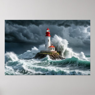 Lighthouse Ocean Storm Majestic Powerful Wave Poster