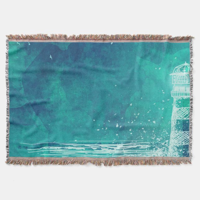 Lighthouse & Ocean – Watercolor Throw Blanket (Front)