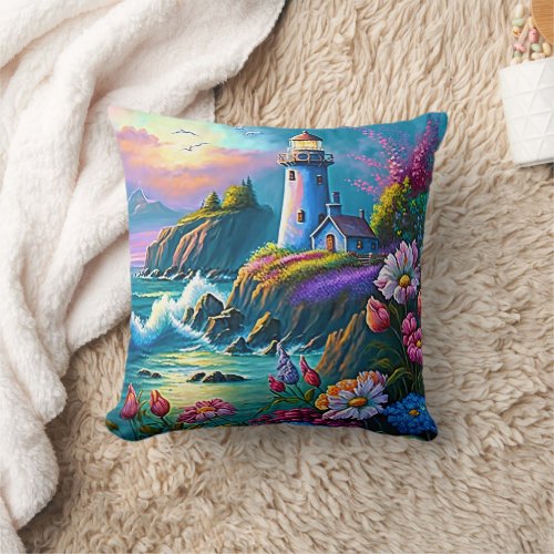 Lighthouse Ocean Waves Colorful Flowers  Throw Pillow