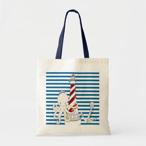 Lighthouse Octopus Blue and White Stripe Tote Bag