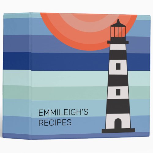Lighthouse Ombre Blue Sky Orange Sun Recipe 3 Ring Binder
