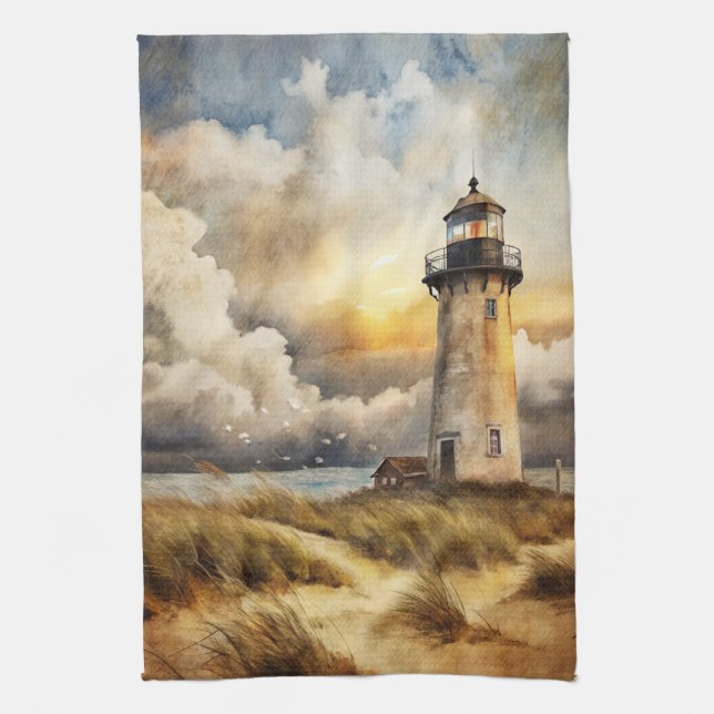 Lighthouse on a Beach Kitchen Towel (Vertical)