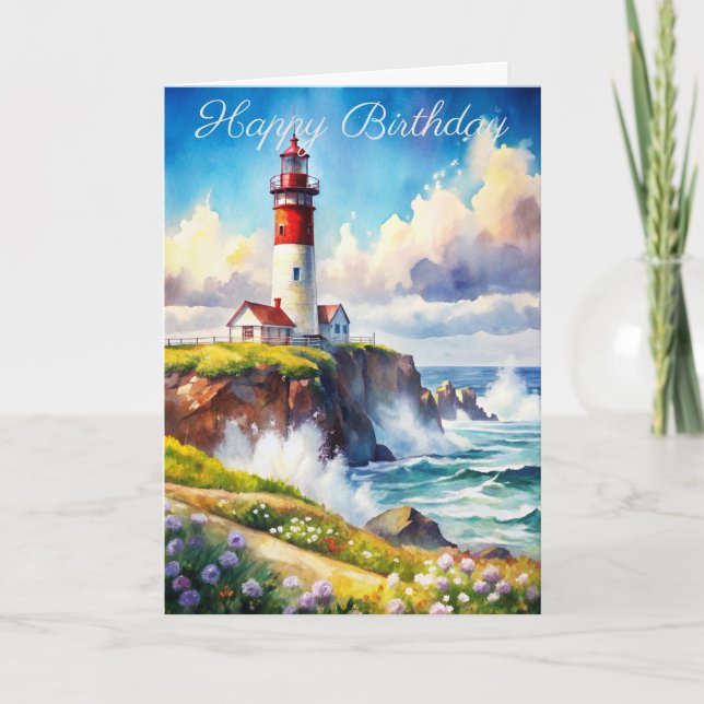 Lighthouse on a Cliff Birthday Card (Front)