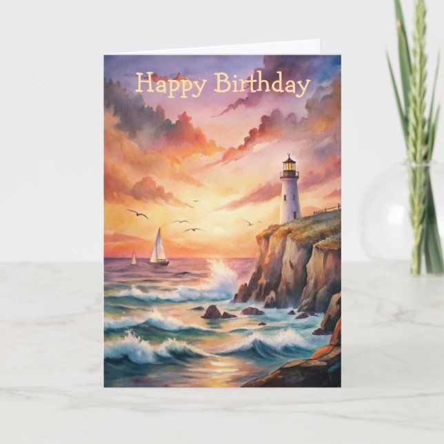 Lighthouse on a Cliff Birthday Card (Front)