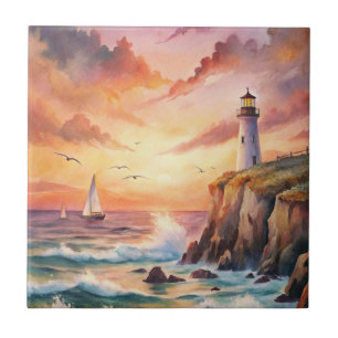 Lighthouse on a Cliff Ceramic Tile