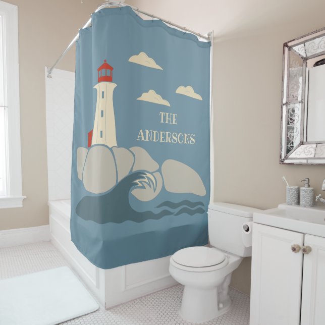 Lighthouse on a Rocky Coast Seaside Shower Curtain (In Situ)